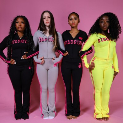 EVE Letter Print Stripe Patchwork Hooded Pants Suit YWXS-K25L1645