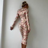 EVE Print Long Sleeve Ruched Midi Dress GSLF-K25D83941