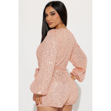EVE Long Sleeve Sequin Solid Color Belt Romper GYOM-8930