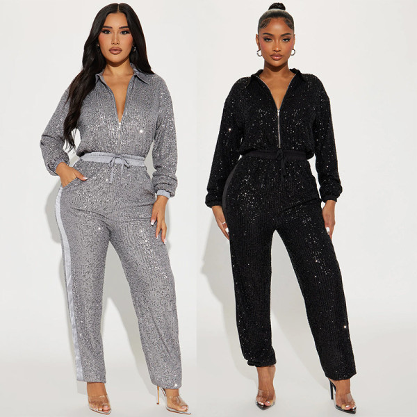 EVE Long Sleeve Zipper Sequin Jumpsuit GYOM-8931