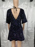 EVE Plus Size V Neck Backless Sequin Mini Dress GYOM-8921