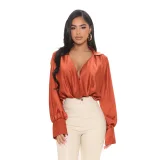 EVE Long Sleeve Deep V-neck Satin Blouse GYOM-8793
