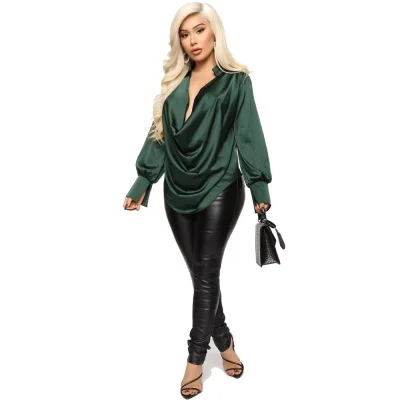 EVE Long Sleeve Deep V-neck Satin Blouse GYOM-8793