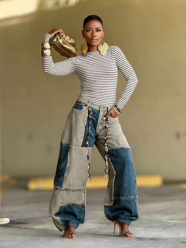 EVE Two-tone Patchwork Contrast Frayed Edge Jeans GYLN-5943