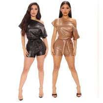 EVE PU Leather Slash Shoulder Romper(With Belt) GYOM-8836