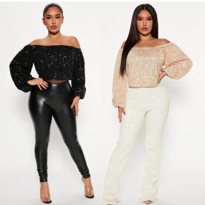 EVE Sequin Off Shoulder Lantern Long Sleeve Top GYOM-8883