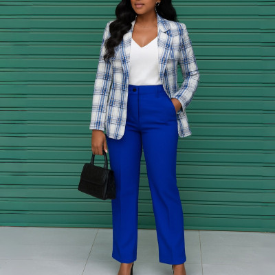 EVE Plus Size Plaid Print Long Sleeve Blazer Two Piece Pants Set GMLF-3355