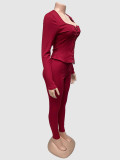 EVE Solid Color Long Sleeve Tie Up 2 Piece Pants Set GQNF-Y00391SC