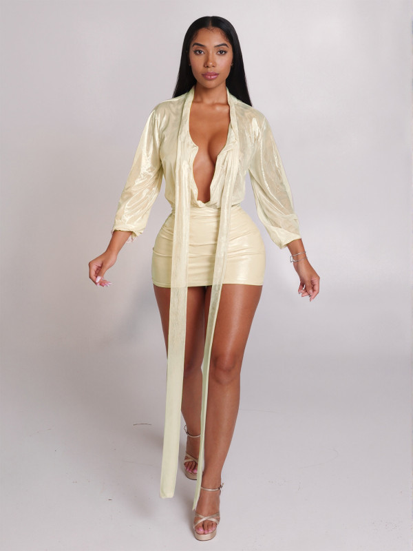 EVE Deep V Neck Solid Color Mini Dress GQNF-Y00342DC