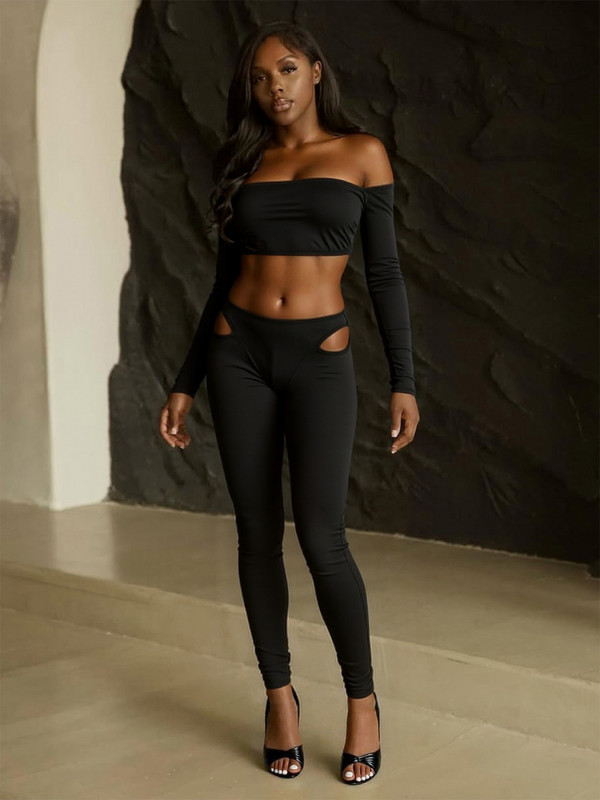 EVE One Shoulder Long Sleeve Hollow Out Two Piece Pants Set GQNF-Y00410SC