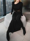 EVE Button Metal Long-Sleeve Mesh Patchwork Maxi Dress GQNF-Y00440DC