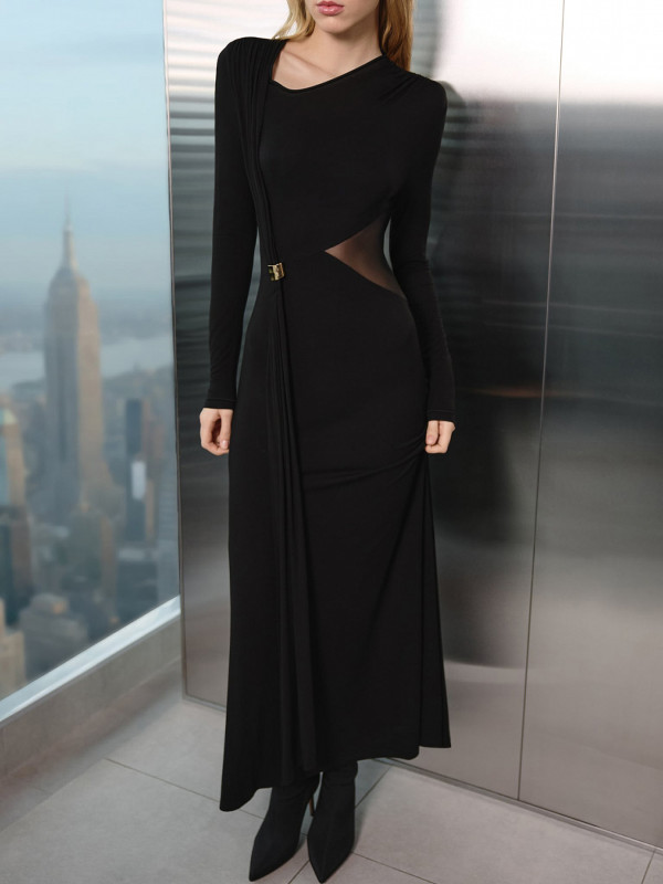 EVE Button Metal Long-Sleeve Mesh Patchwork Maxi Dress GQNF-Y00440DC
