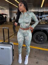 EVE Zipper Print Long Sleeve Tops Pants 2 Piece Set GQNF-Y00263SC