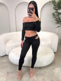 EVE One Shoulder Long Sleeve Hollow Out Two Piece Pants Set GQNF-Y00410SC