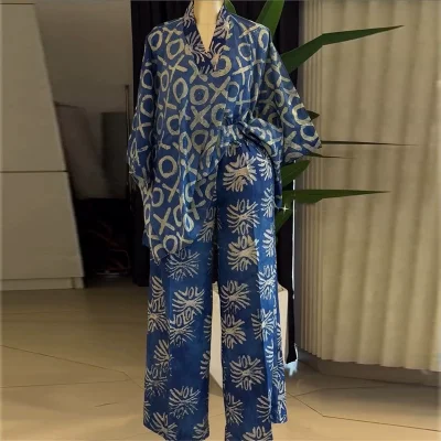 EVE Print V Neck Bat Sleeve Print Two Piece Pants Set GCNE-73351