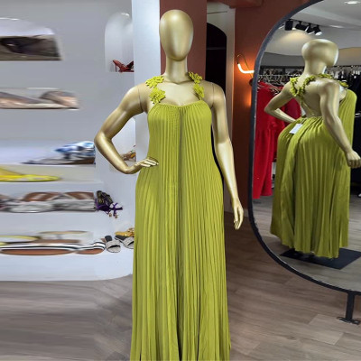 EVE Sling Backless Press Pleated Maxi Dress GMSF-SU9439