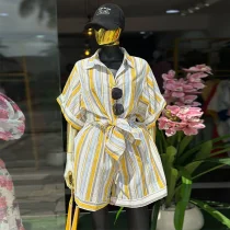 EVE Stripe Lapel Short Sleeve Shirt Two Piece Shorts Set GCNE-73362