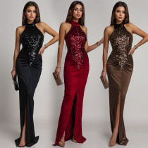 EVE Fitted Sequin Velour Slit Maxi Dress BY-7602