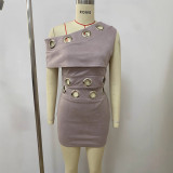 EVE Hollow Out Circular Ring Slash Shoulder Top and Mini Skirt Two-Piece Set LSD-2624
