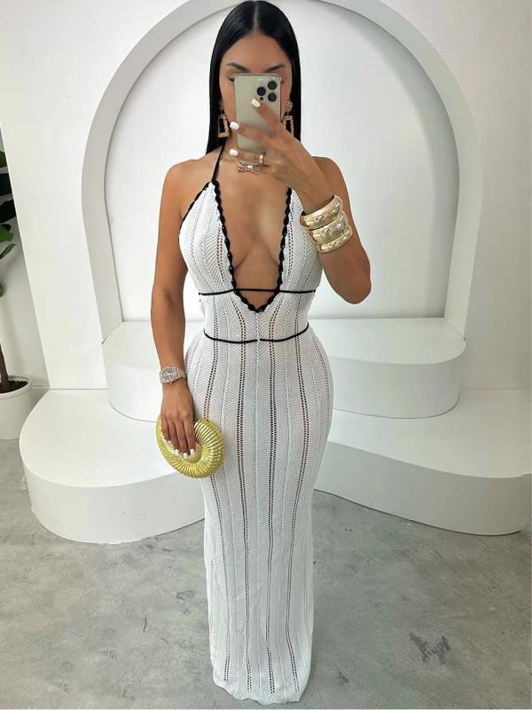 EVE V Neck Halterneck Backless Knits Maxi Dress GQNF-F00043D