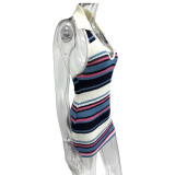 EVE Stripe Color Block V Neck Knits Mini Dress GQNF-Y00036D