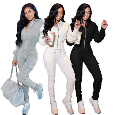 EVE Solid Color Zipper Coats Two Piece Pants Set SFY-813