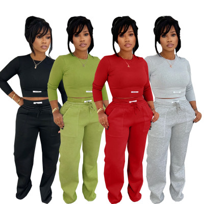 EVE Solid Color O Neck Sweatshirt Two Piece Pants Set SFY-824