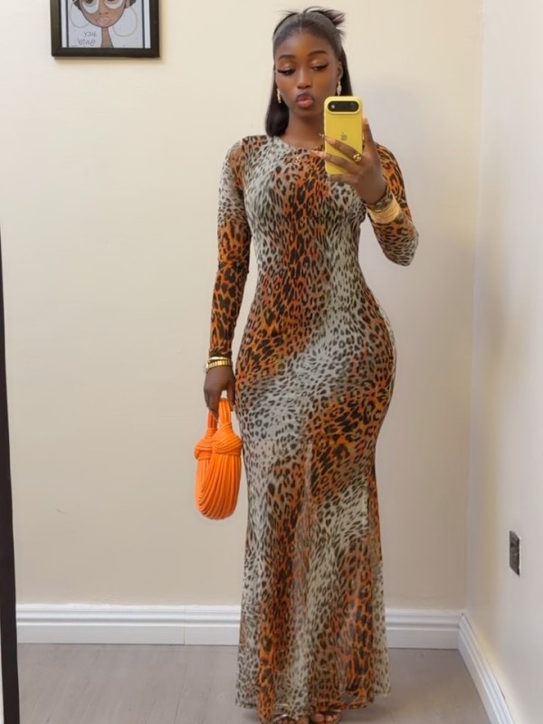 EVE Leopard Print Long Sleeve Maxi Dress GXHF-81027
