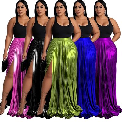 EVE Plus Size Solid Color Press Pleated Split Long Skirts NNWF-6086