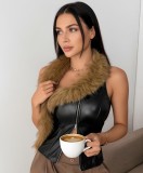 EVE PU Leather Furzzy Neck Tank Tops GPBY-7399