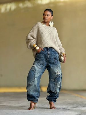 EVE Plus Size Holes Patchwork Washed Loose Jeans GYLN-0044