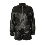 EVE Lapel Zipper Loose Leather Jacket And Shorts Set AIL-339