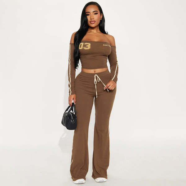 EVE Letter Print Off Shoulder Top Two PIece Pants Set GDSF-J25ST420