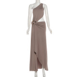 EVE Slash Neck Solid Color Split Maxi Dress XEF-K25D86428