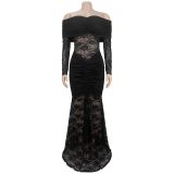 EVE One Shoulder Lace Ruched Maxi Dress BY-7620