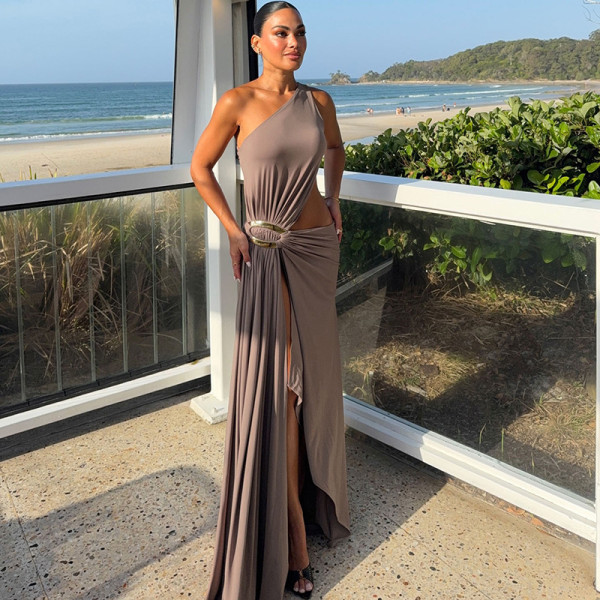 EVE Slash Neck Solid Color Split Maxi Dress XEF-K25D86428