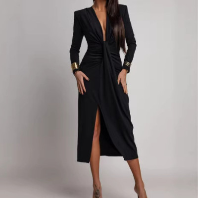 EVE V Neck Long Sleeve High Split Maxi Dress GAXB-W511DS