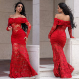 EVE One Shoulder Lace Ruched Maxi Dress BY-7620