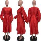 EVE Plus Size Solid Glossy Loose Lantern Sleeve Midi Dress BGN-311