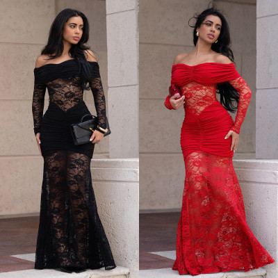 EVE One Shoulder Lace Ruched Maxi Dress BY-7620