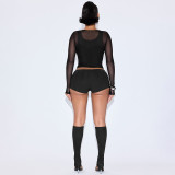 EVE Sexy Mesh Long Sleeve Tight Four Piece Short Set GDSF-D25ST389