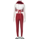 EVE Furzzy Halterneck Backless Two Piece Pants Set GDSF-C25ST141
