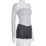 EVE Contrast-Color Polka Dot Print Long-Sleeve Short Suit GDSF-D25ST398