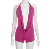 EVE Solid Color Halterneck Tie Up Top Two Piece Shorts Set GDSF-D25ST560