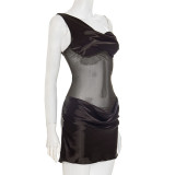 EVE Faux Silk Off-Shoulder Sleeveless Mesh Panel  Mini Dress GDSF-D25DS262