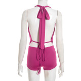 EVE Solid Color Halterneck Tie Up Top Two Piece Shorts Set GDSF-D25ST560
