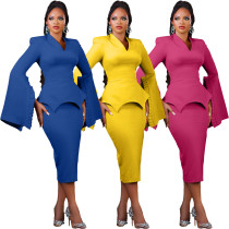 EVE Plus Size Solid Color Wide-Sleeve V-Neck Midi Dress BGN-BN346
