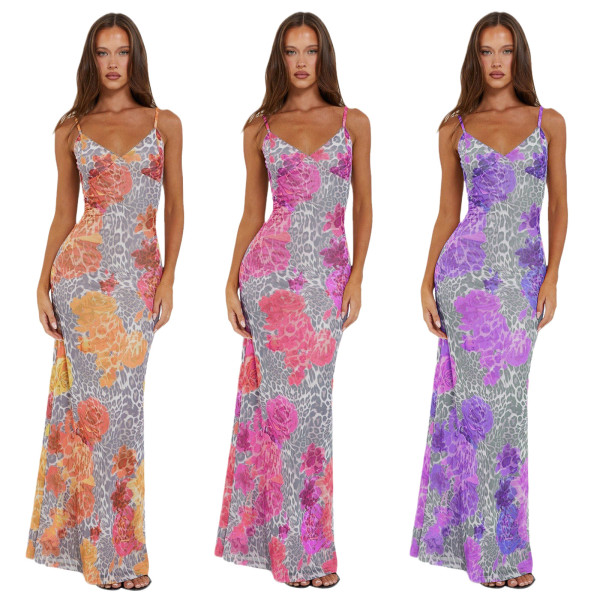 EVE Mesh Print Slim Sling Maxi Dress GWLS-202406