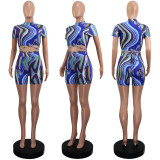 EVE Short Sleeve Print Tie Up Two Piece Shorts Set GWLS-LD201067