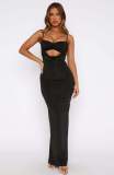 EVE Sling Solid Color Hollow Out Ruched Maxi Dress GWLS-202502